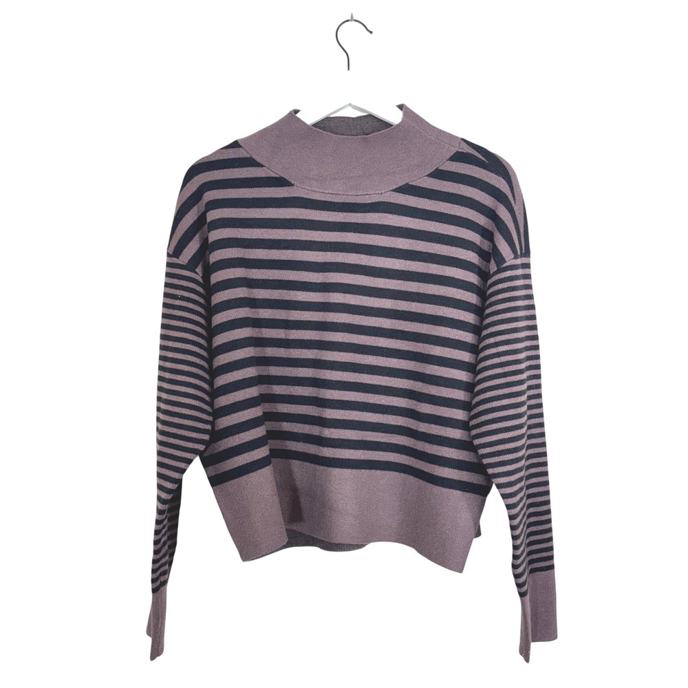 Natural Life Mauve Black Striped Mock Neck Cropped Sweater SWTR001112 Small NET